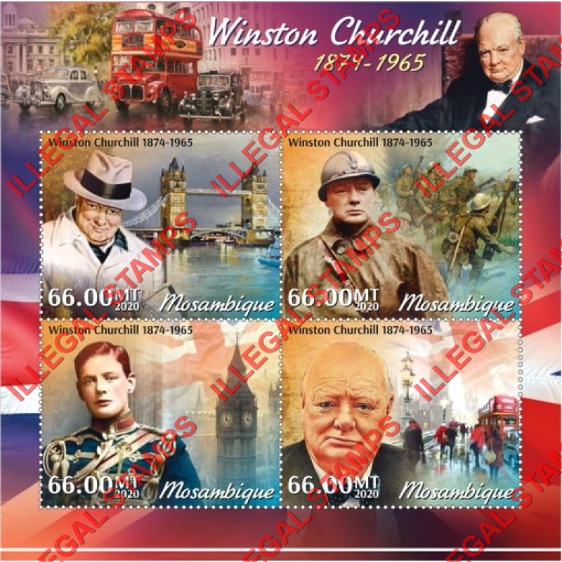 Mozambique 2020 Winston Churchill Counterfeit Illegal Stamp Souvenir Sheet of 4 Mozambique 2020 Winston Churchill Counterfeit Illegal Stamp Souvenir Sheet of 4