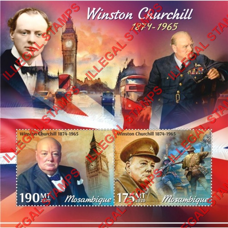 Mozambique 2020 Winston Churchill Counterfeit Illegal Stamp Souvenir Sheet of 2 Mozambique 2020 Winston Churchill Counterfeit Illegal Stamp Souvenir Sheet of 2