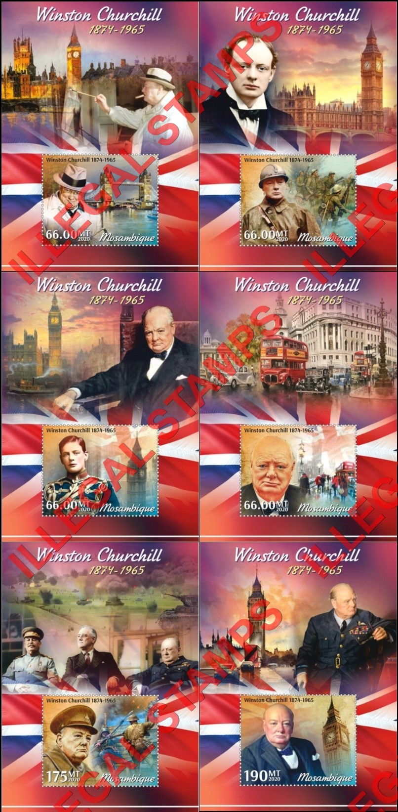 Mozambique 2020 Winston Churchill Counterfeit Illegal Stamp Souvenir Sheets of 1 Mozambique 2020 Winston Churchill Counterfeit Illegal Stamp Souvenir Sheets of 1