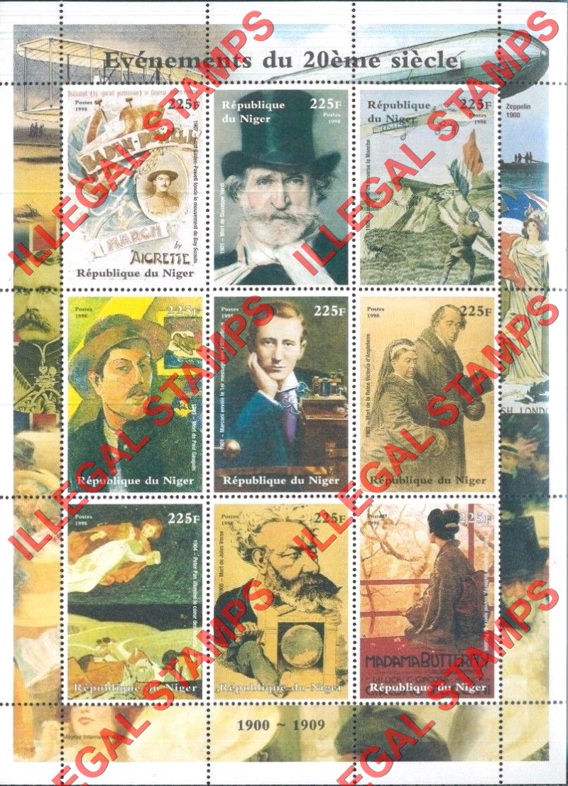 Niger 1998 Events of the 20th Century 225F Illegal Stamp Souvenir Sheets of 9 (Sheet 1)