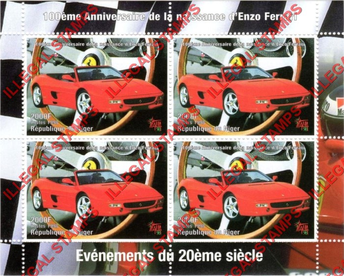Niger 1998 Ferrari Illegal Stamp Souvenir Sheet of 4
