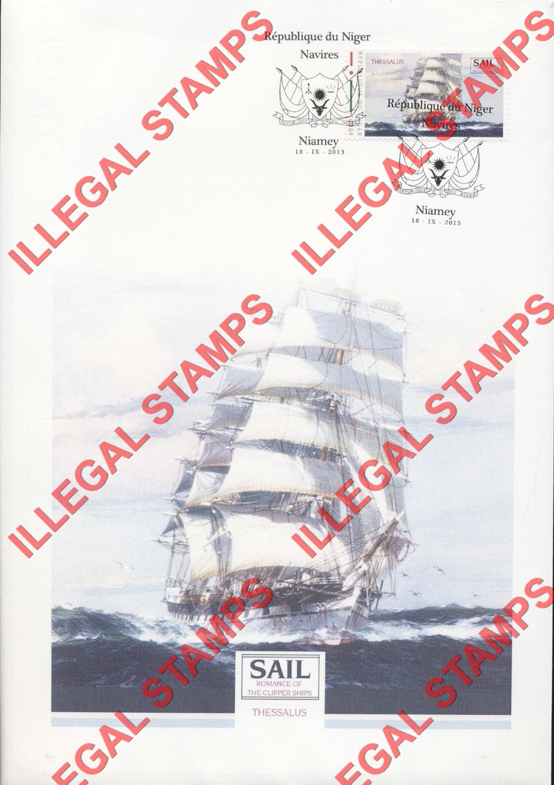 Niger 2013 Sailing Ships Thessalus Illegal Stamp on Fake First Day Canceled Presentation Card Niger 2013 Sailing Ships Thessalus Illegal Stamp on Fake First Day Canceled Presentation Card