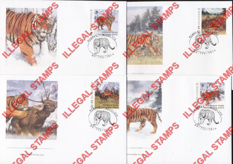 Niger 2014 Animals Tigers WW Illegal Stamp Set of 4 on Fake First Day Covers Niger 2014 Animals Tigers WW Illegal Stamp Set of 4 on Fake First Day Covers