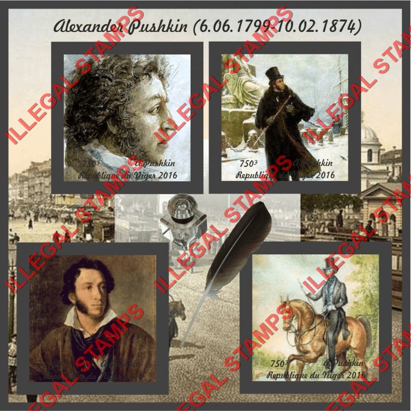Niger 2016 Alexander Pushkin Illegal Stamp Souvenir Sheet of 4