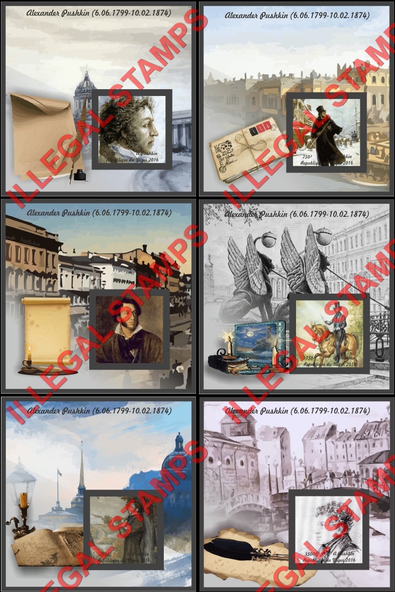 Niger 2016 Alexander Pushkin Illegal Stamp Souvenir Sheets of 1