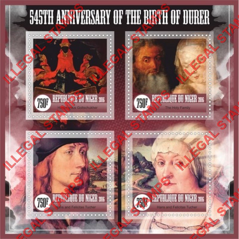 Niger 2016 Paintings by Durer Illegal Stamp Souvenir Sheet of 4