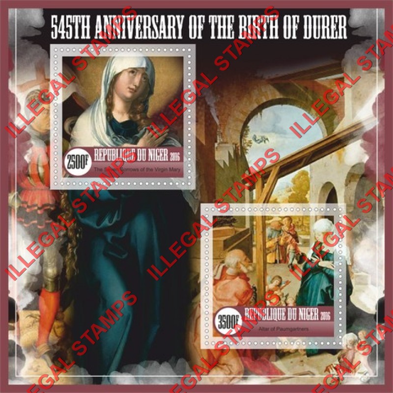 Niger 2016 Paintings by Durer Illegal Stamp Souvenir Sheet of 2