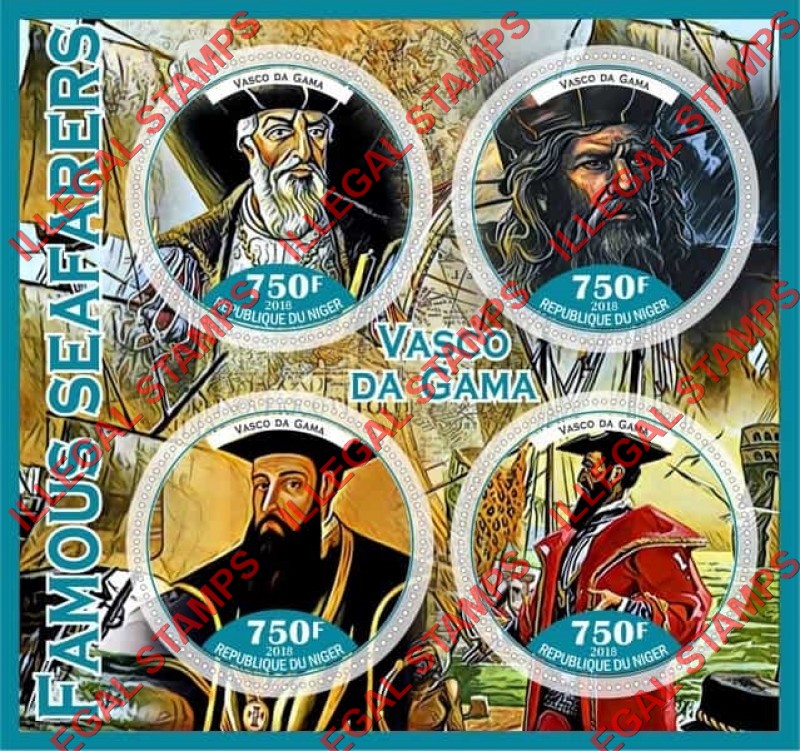 Niger 2018 Famous Seafarers Vasco da Gama Illegal Stamp Souvenir Sheet of 4