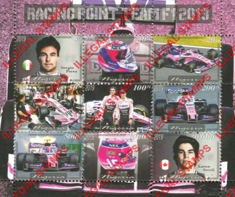 Nigeria 2019 Formula I Racing Point Team Illegal Stamp Sheet of 9