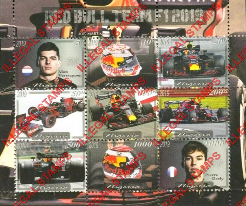 Nigeria 2019 Formula I Red Bull Team Illegal Stamp Sheet of 9