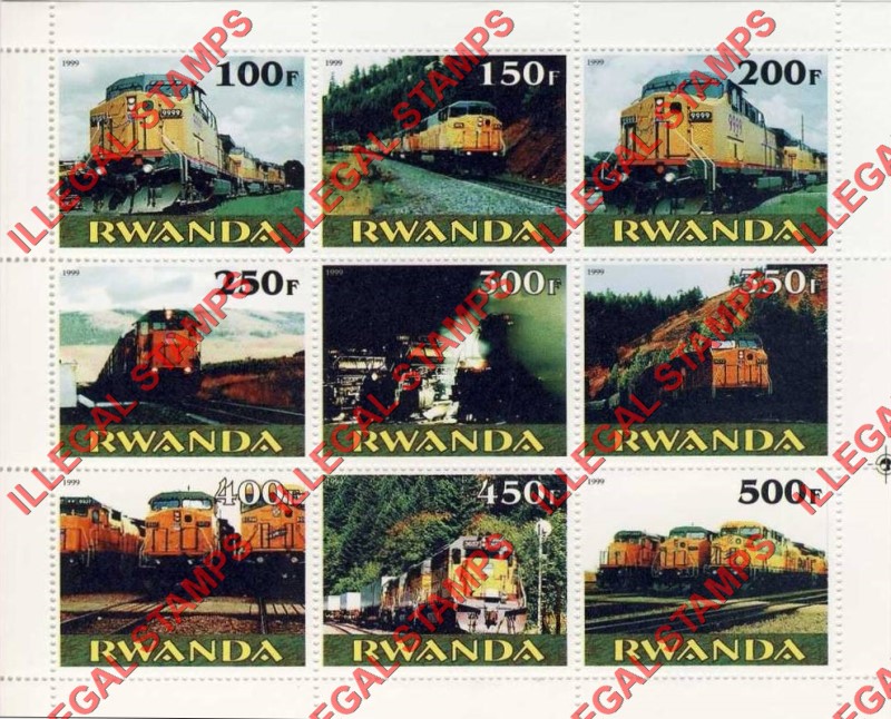 Rwanda 1999 Trains Sheet of 9 Illegal Stamp Sheet of 9 Rwanda 1999 Trains Sheet of 9 Illegal Stamp Sheet of 9
