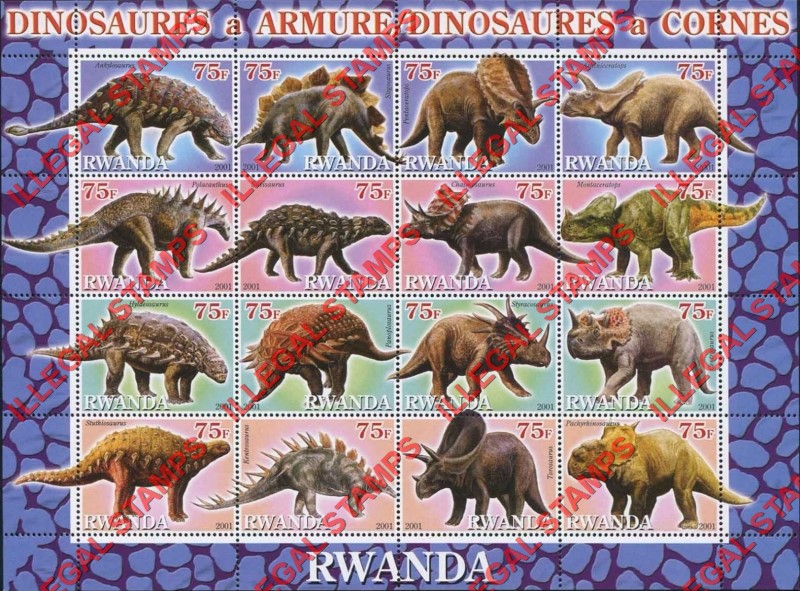 Rwanda 2001 Armored Dinosaurs and Horned Dinosaurs Illegal Stamp Sheet of 9 Rwanda 2001 Armored Dinosaurs and Horned Dinosaurs Illegal Stamp Sheet of 9