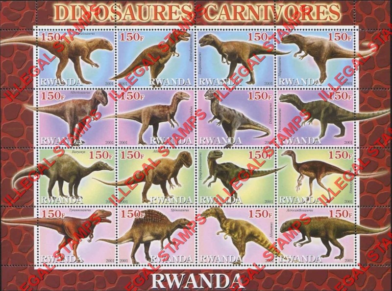 Rwanda 2001 Carnivorous Dinosaurs Illegal Stamp Sheet of 9 Rwanda 2001 Carnivorous Dinosaurs Illegal Stamp Sheet of 9