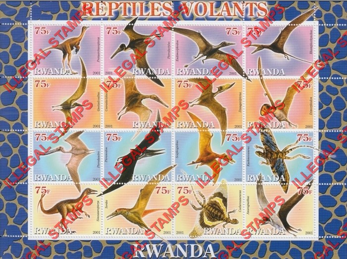 Rwanda 2001 Flying Reptiles Illegal Stamp Sheet of 9 Rwanda 2001 Flying Reptiles Illegal Stamp Sheet of 9