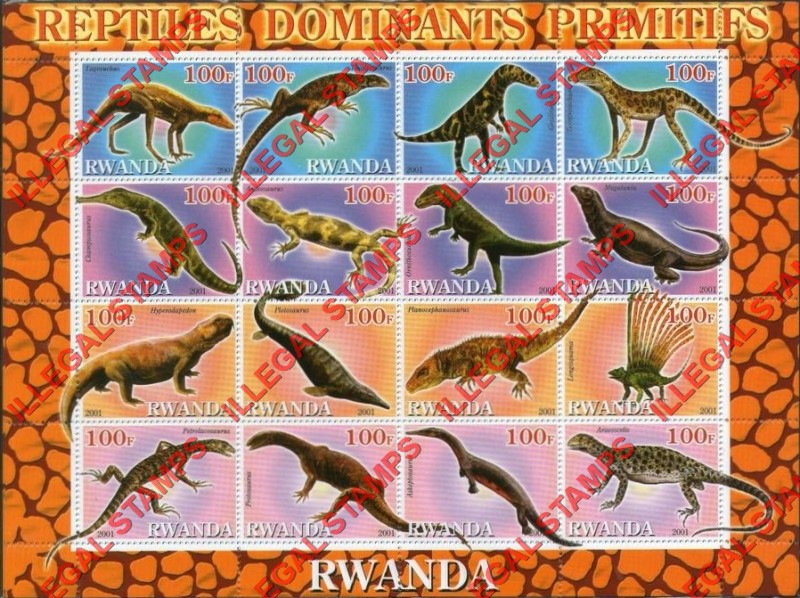 Rwanda 2001 Primitive Dominant Reptiles Illegal Stamp Sheet of 9 Rwanda 2001 Primitive Dominant Reptiles Illegal Stamp Sheet of 9