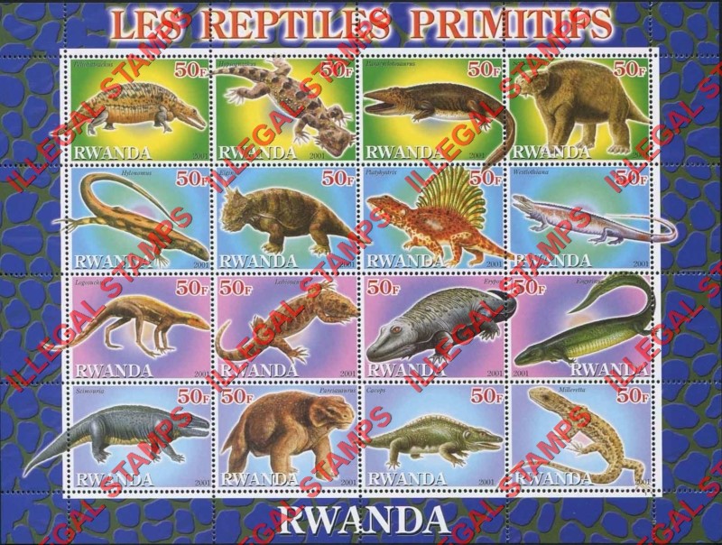 Rwanda 2001 Primitive Reptiles Illegal Stamp Sheet of 9 Rwanda 2001 Primitive Reptiles Illegal Stamp Sheet of 9