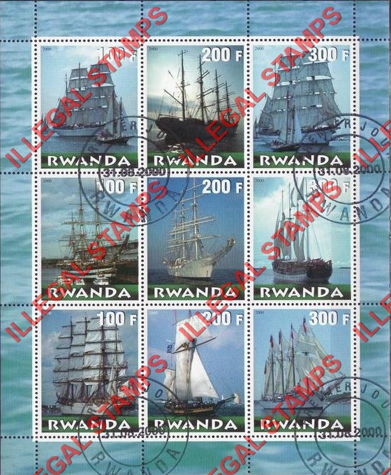 Rwanda 2000 Sailing Ships Illegal Stamp Sheet of 9 Rwanda 2000 Sailing Ships Illegal Stamp Sheet of 9