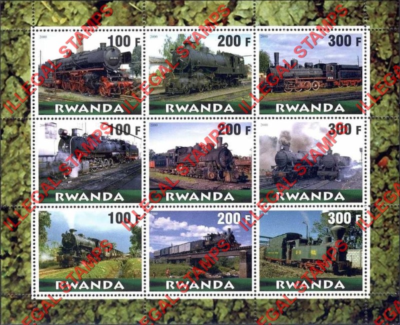 Rwanda 2000 Steam Locomotives Illegal Stamp Sheet of 9 Rwanda 2000 Steam Locomotives Illegal Stamp Sheet of 9
