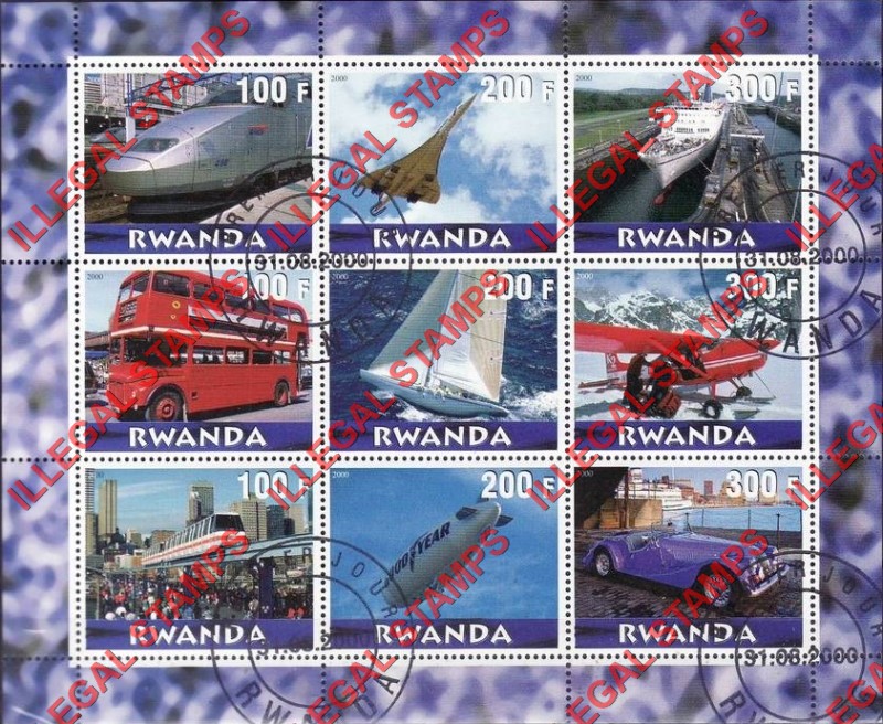 Rwanda 2000 Transportation Vehicles Illegal Stamp Sheet of 9 Rwanda 2000 Transportation Vehicles Illegal Stamp Sheet of 9