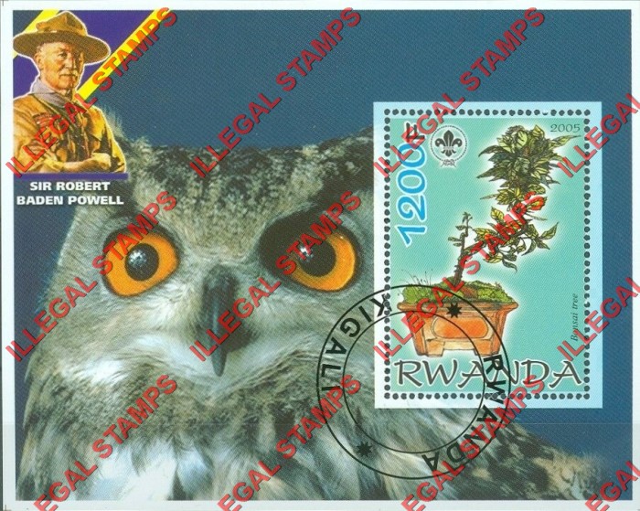 Rwanda 2005 Bonsai Tree Owl Scouting Logo and Baden Powell Illegal Stamp Souvenir Sheet of 1 Rwanda 2005 Bonsai Tree Owl Scouting Logo and Baden Powell Illegal Stamp Souvenir Sheet of 1