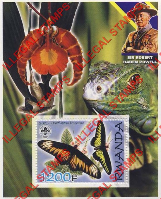 Rwanda 2005 Butterflies Lizard Orchid Scouting Logo and Baden Powell Illegal Stamp Souvenir Sheet of 1 Rwanda 2005 Butterflies Lizard Orchid Scouting Logo and Baden Powell Illegal Stamp Souvenir Sheet of 1