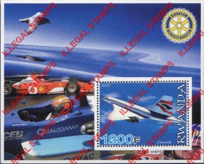 Rwanda 2005 Concorde Formula I and Rotary International Logo Illegal Stamp Souvenir Sheet of 1 Rwanda 2005 Concorde Formula I and Rotary International Logo Illegal Stamp Souvenir Sheet of 1
