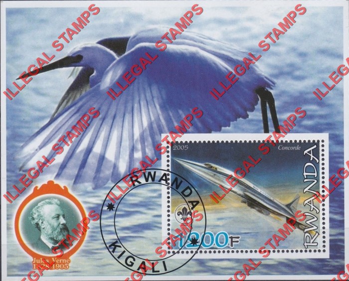 Rwanda 2005 Concorde Pelican Jules Verne and Scouting Logo Illegal Stamp Souvenir Sheet of 1 Rwanda 2005 Concorde Pelican Jules Verne and Scouting Logo Illegal Stamp Souvenir Sheet of 1