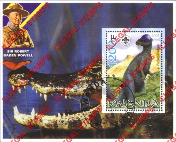 Rwanda 2005 Dinosaur Crocodile Scouting Logo and Baden Powell Illegal Stamp Souvenir Sheet of 1 Rwanda 2005 Dinosaur Crocodile Scouting Logo and Baden Powell Illegal Stamp Souvenir Sheet of 1