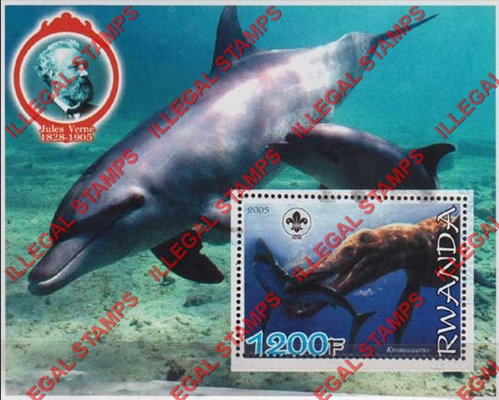 Rwanda 2005 Dinosaur Dolphin Scouting Logo and Jules Verne Illegal Stamp Souvenir Sheet of 1 Rwanda 2005 Dinosaur Dolphin Scouting Logo and Jules Verne Illegal Stamp Souvenir Sheet of 1