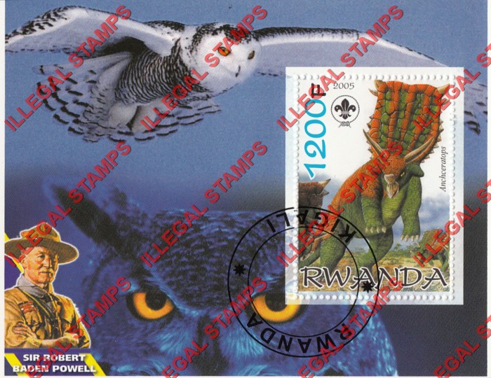 Rwanda 2005 Dinosaur Owls Scouting Logo and Baden Powell Illegal Stamp Souvenir Sheet of 1 Rwanda 2005 Dinosaur Owls Scouting Logo and Baden Powell Illegal Stamp Souvenir Sheet of 1