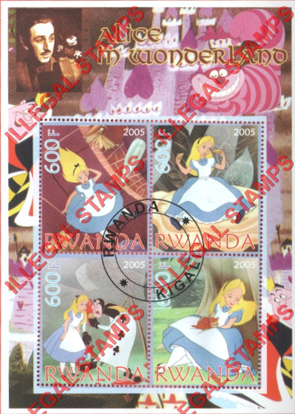Rwanda 2005 Disney Alice in Wonderland Illegal Stamp Souvenir Sheet of 4 Rwanda 2005 Disney Alice in Wonderland Illegal Stamp Souvenir Sheet of 4