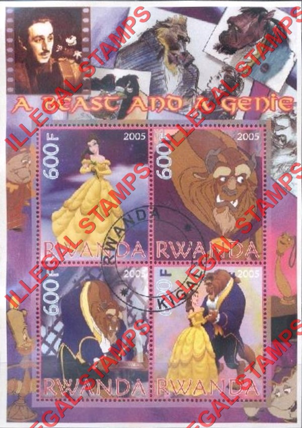 Rwanda 2005 Disney Beauty and the Beast Illegal Stamp Souvenir Sheet of 4 Rwanda 2005 Disney Beauty and the Beast Illegal Stamp Souvenir Sheet of 4