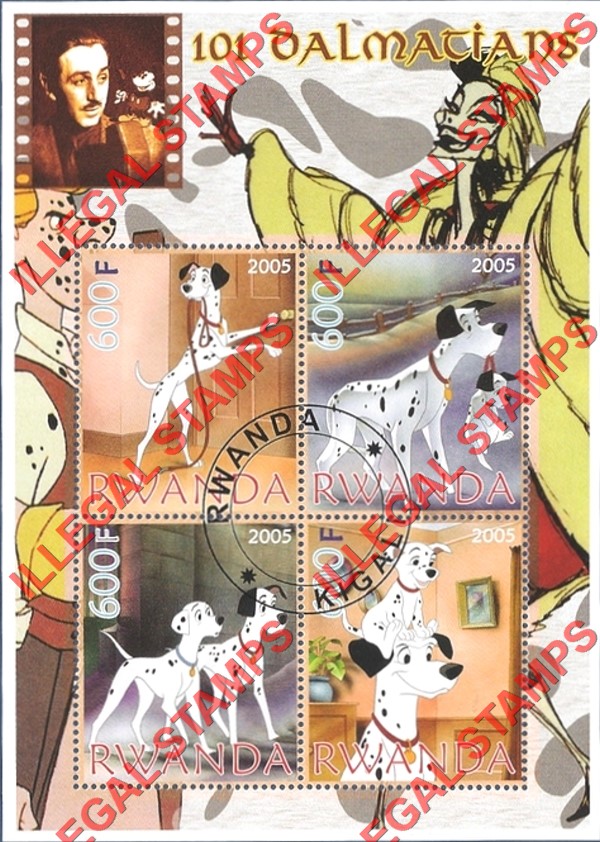Rwanda 2005 Disney 101 Dalmatians Illegal Stamp Souvenir Sheet of 4 Rwanda 2005 Disney 101 Dalmatians Illegal Stamp Souvenir Sheet of 4