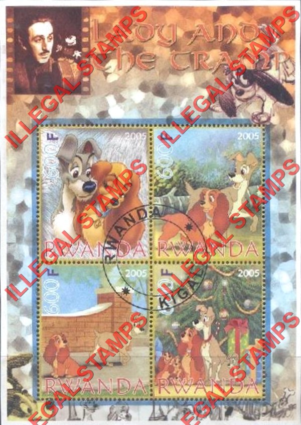 Rwanda 2005 Disney Lady and the Tramp Illegal Stamp Souvenir Sheet of 4 Rwanda 2005 Disney Lady and the Tramp Illegal Stamp Souvenir Sheet of 4