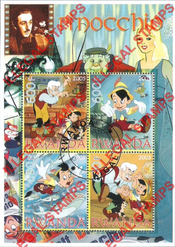 Rwanda 2005 Disney Pinocchio Illegal Stamp Souvenir Sheet of 4 Rwanda 2005 Disney Pinocchio Illegal Stamp Souvenir Sheet of 4