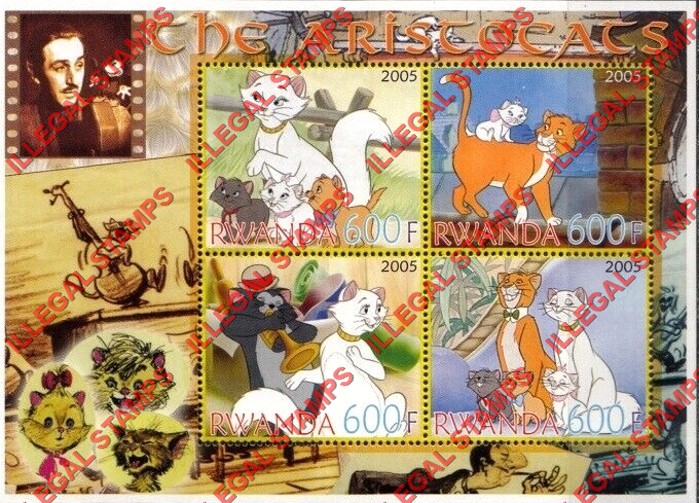 Rwanda 2005 Disney The Aristocats Illegal Stamp Souvenir Sheet of 4 Rwanda 2005 Disney The Aristocats Illegal Stamp Souvenir Sheet of 4