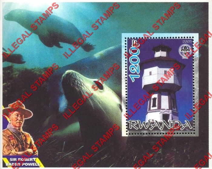 Rwanda 2005 Lighthouse Seals Scouting Logo and Baden Powell Illegal Stamp Souvenir Sheet of 1 Rwanda 2005 Lighthouse Seals Scouting Logo and Baden Powell Illegal Stamp Souvenir Sheet of 1