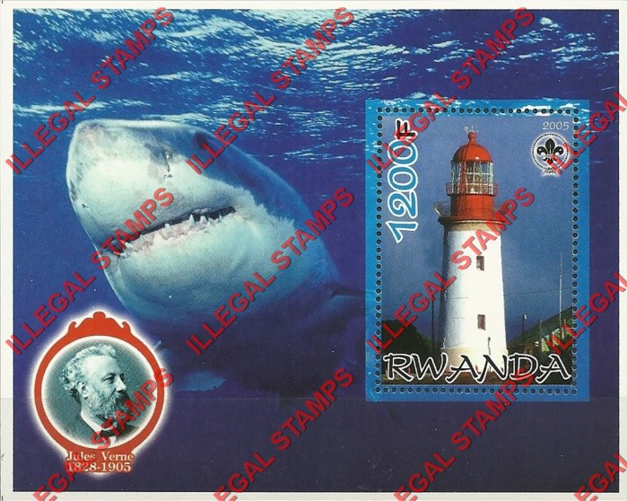Rwanda 2005 Lighthouse Shark Scouting Logo and Jules Verne Illegal Stamp Souvenir Sheet of 1 Rwanda 2005 Lighthouse Shark Scouting Logo and Jules Verne Illegal Stamp Souvenir Sheet of 1