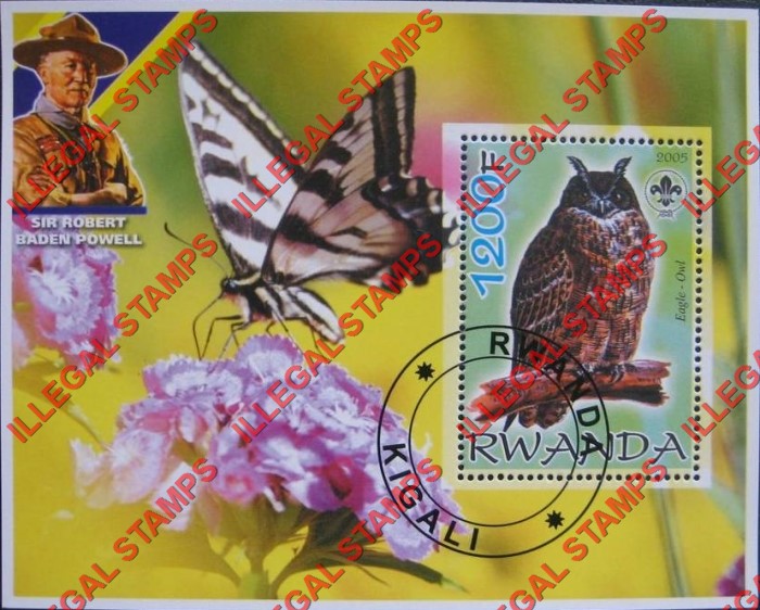 Rwanda 2005 Owl Butterfly Scouting Logo and Baden Powell Illegal Stamp Souvenir Sheet of 1 Rwanda 2005 Owl Butterfly Scouting Logo and Baden Powell Illegal Stamp Souvenir Sheet of 1