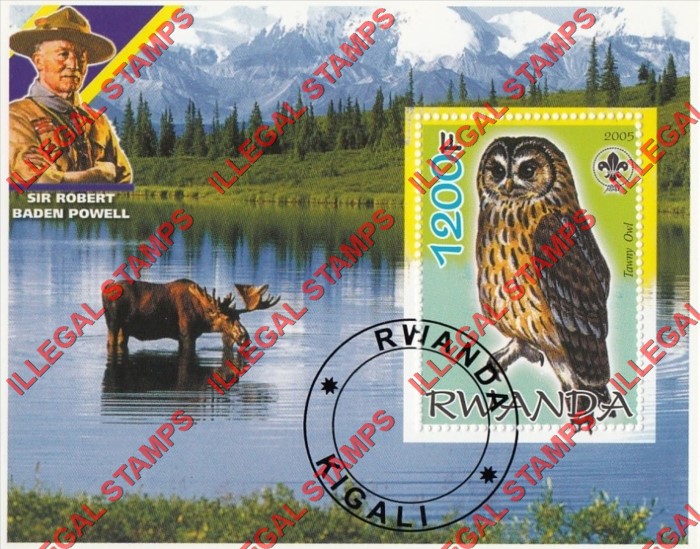 Rwanda 2005 Owl Moose Scouting Logo and Baden Powell Illegal Stamp Souvenir Sheet of 1 Rwanda 2005 Owl Moose Scouting Logo and Baden Powell Illegal Stamp Souvenir Sheet of 1