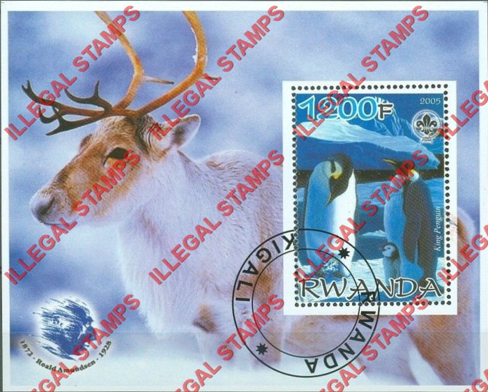 Rwanda 2005 Penguins Elk Scouting Logo and Roald Amundsen Illegal Stamp Souvenir Sheet of 1 Rwanda 2005 Penguins Elk Scouting Logo and Roald Amundsen Illegal Stamp Souvenir Sheet of 1