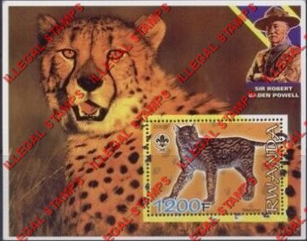 Rwanda 2005 Saber Tooth Lion Cheetah Scouting Logo and Baden Powell Illegal Stamp Souvenir Sheet of 1 Rwanda 2005 Saber Tooth Lion Cheetah Scouting Logo and Baden Powell Illegal Stamp Souvenir Sheet of 1