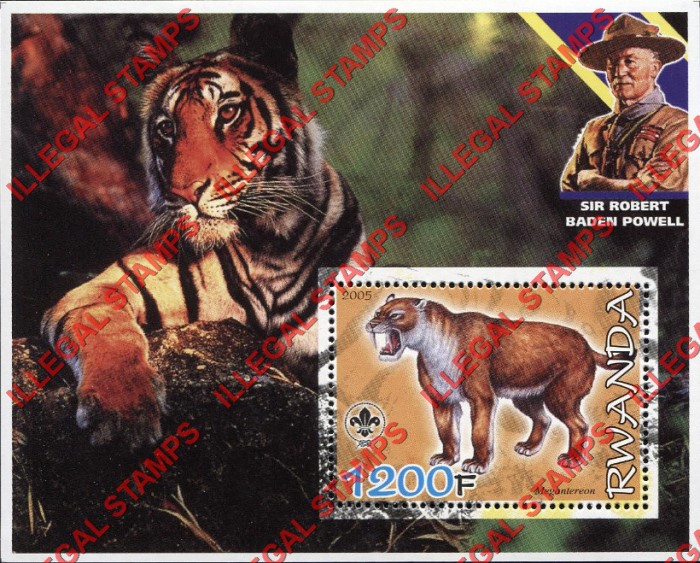 Rwanda 2005 Saber Tooth Lion Tiger Scouting Logo and Baden Powell Illegal Stamp Souvenir Sheet of 1 Rwanda 2005 Saber Tooth Lion Tiger Scouting Logo and Baden Powell Illegal Stamp Souvenir Sheet of 1