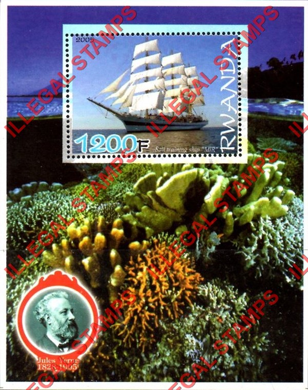 Rwanda 2005 Sailing Ship MIR Coral and Jules Verne Illegal Stamp Souvenir Sheet of 1 Rwanda 2005 Sailing Ship MIR Coral and Jules Verne Illegal Stamp Souvenir Sheet of 1