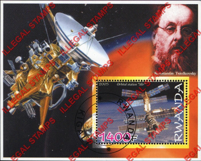 Rwanda 2005 Space Station Mir Satellite and Konstantin Tsiolkovsky Illegal Stamp Souvenir Sheet of 1 Rwanda 2005 Space Station Mir Satellite and Konstantin Tsiolkovsky Illegal Stamp Souvenir Sheet of 1