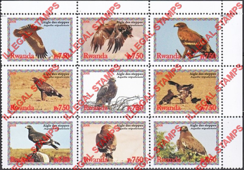 Rwanda 2008 Birds of Prey Steppe Eagle Illegal Stamp Part Sheet of 9 Rwanda 2008 Birds of Prey Steppe Eagle Illegal Stamp Part Sheet of 9
