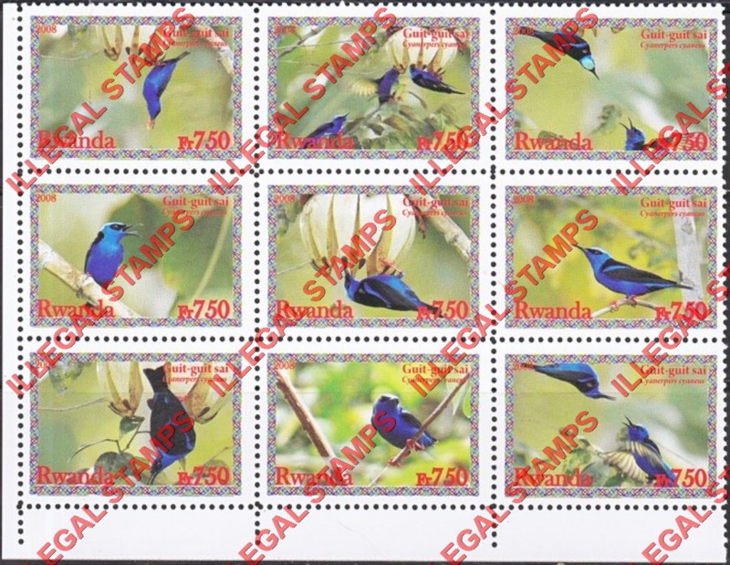 Rwanda 2008 Birds Red-legged Honeycreeper Illegal Stamp Part Sheet of 9 Rwanda 2008 Birds Red-legged Honeycreeper Illegal Stamp Part Sheet of 9