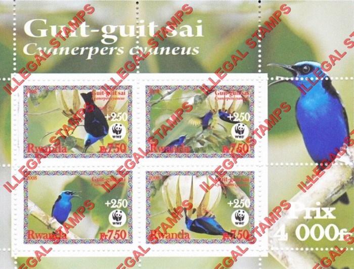 Rwanda 2008 Birds Red-legged Honeycreeper (WWF) Illegal Stamp Souvenir Sheet of 4 Rwanda 2008 Birds Red-legged Honeycreeper (WWF) Illegal Stamp Souvenir Sheet of 4