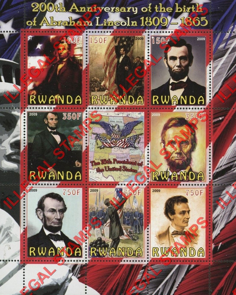 Rwanda 2009 Abraham Lincoln Illegal Stamp Sheet of 9 Rwanda 2009 Abraham Lincoln Illegal Stamp Sheet of 9