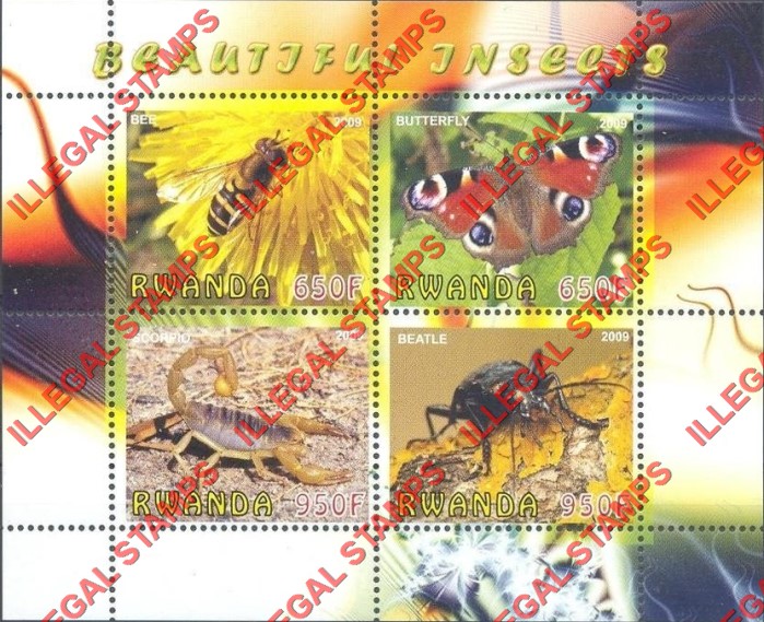 Rwanda 2009 Beautiful Insects Illegal Stamp Souvenir Sheet of 4 Rwanda 2009 Beautiful Insects Illegal Stamp Souvenir Sheet of 4